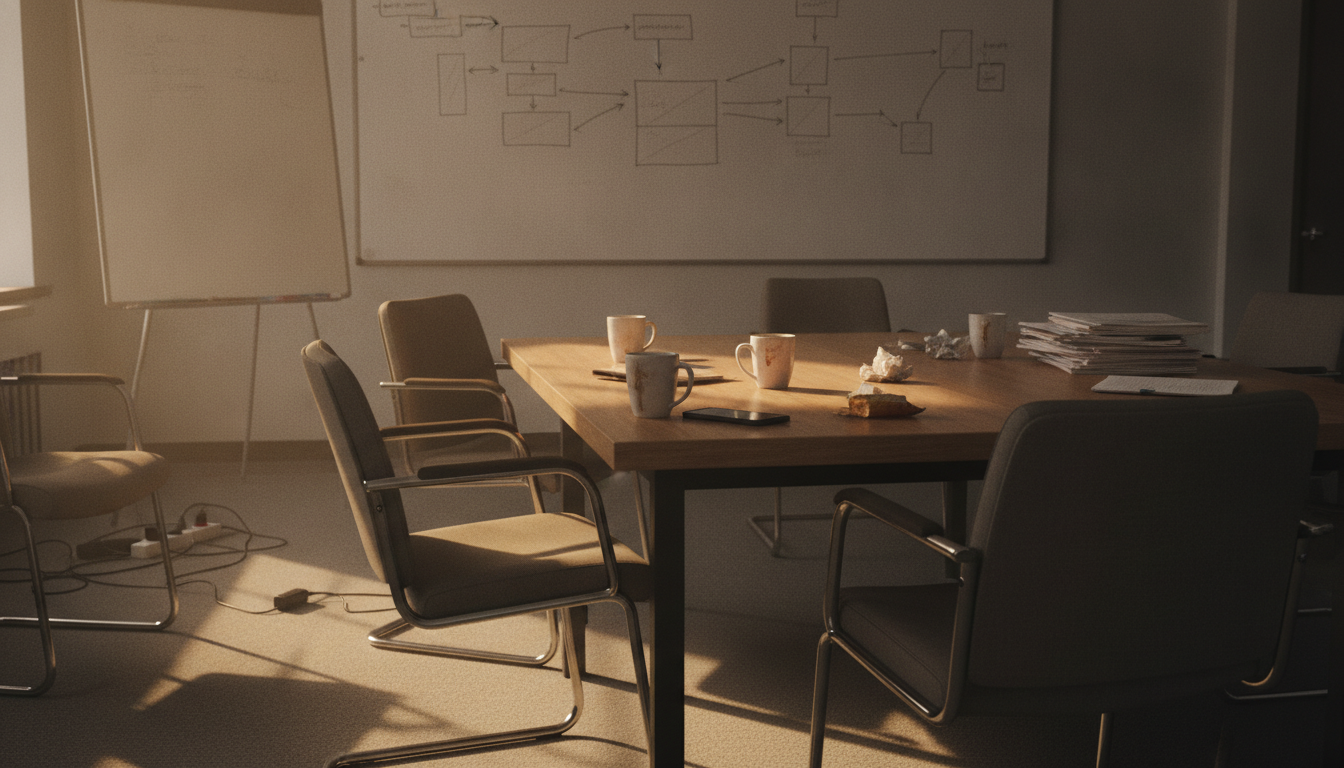 A whiteboard covered in system-integration diagrams in an empty meeting room at the end of the day