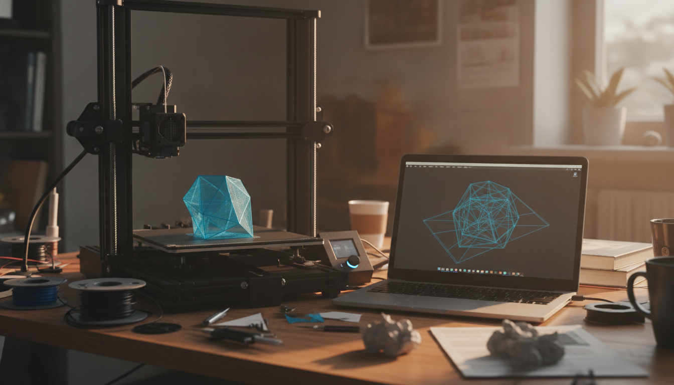 A desktop 3D printer building a physical prototype beside a laptop showing the digital 3D mesh