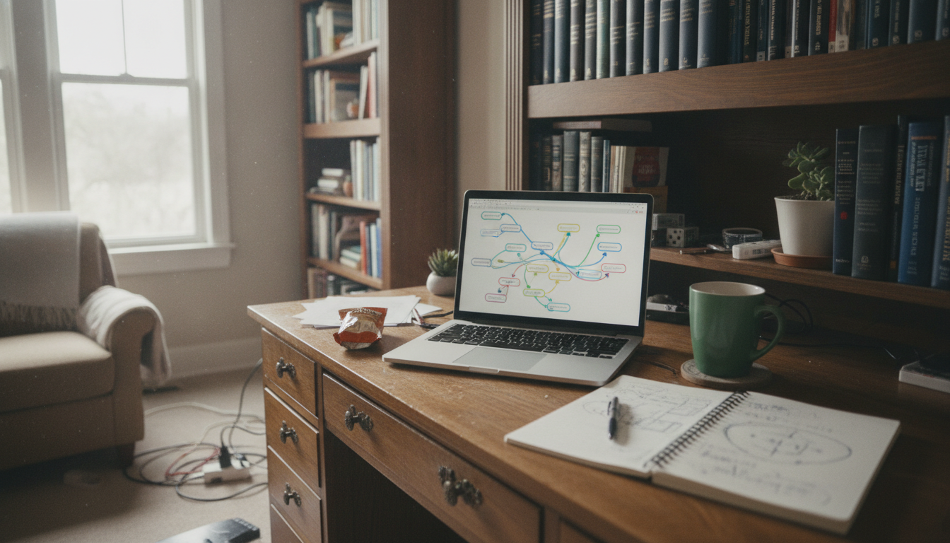 A laptop on a home office desk displaying a colorful node-based workflow diagram beside a coffee mug and notebook