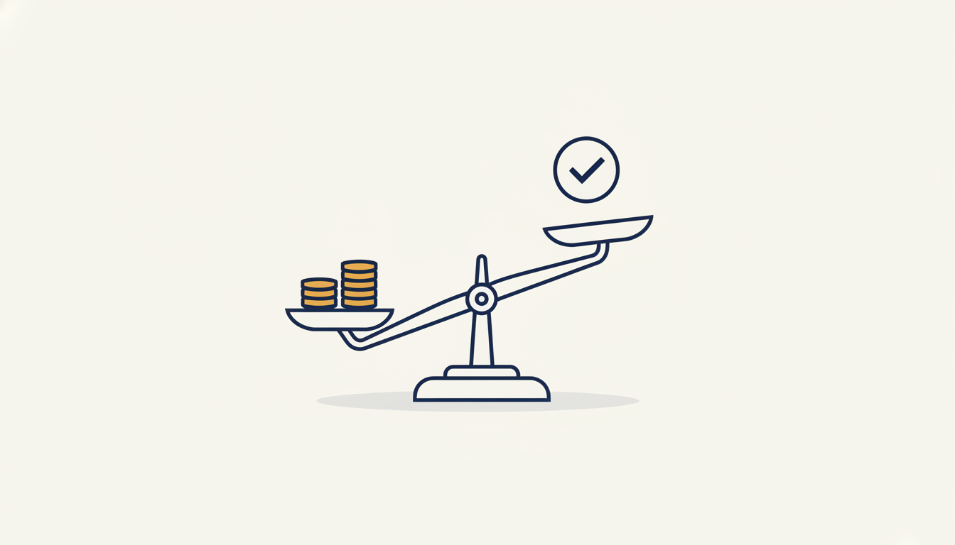 A balance scale tipping away from a stack of coins toward a checkmark, in navy and amber line art