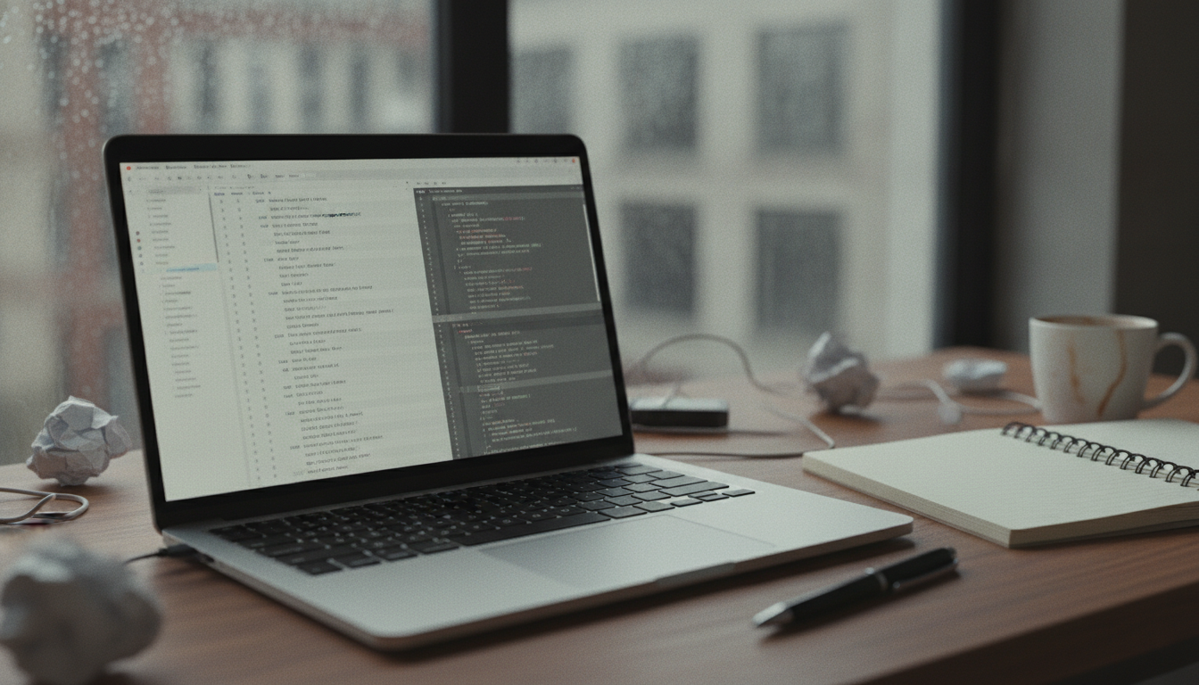 A laptop screen showing a long AI coding prompt history beside a code editor panel on a cluttered desk
