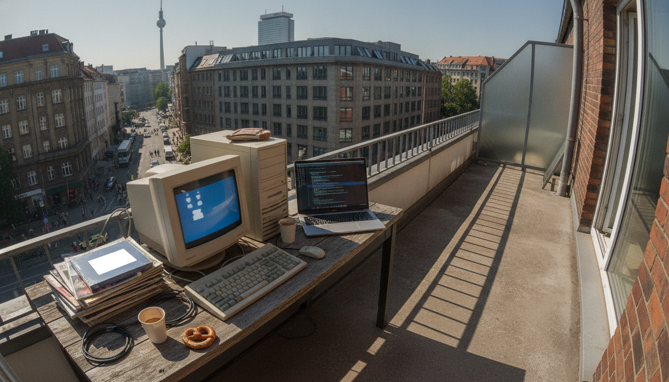 A 1990s beige desktop computer with a boxed software CD sits beside a modern laptop showing code, two eras side by side on the same desk