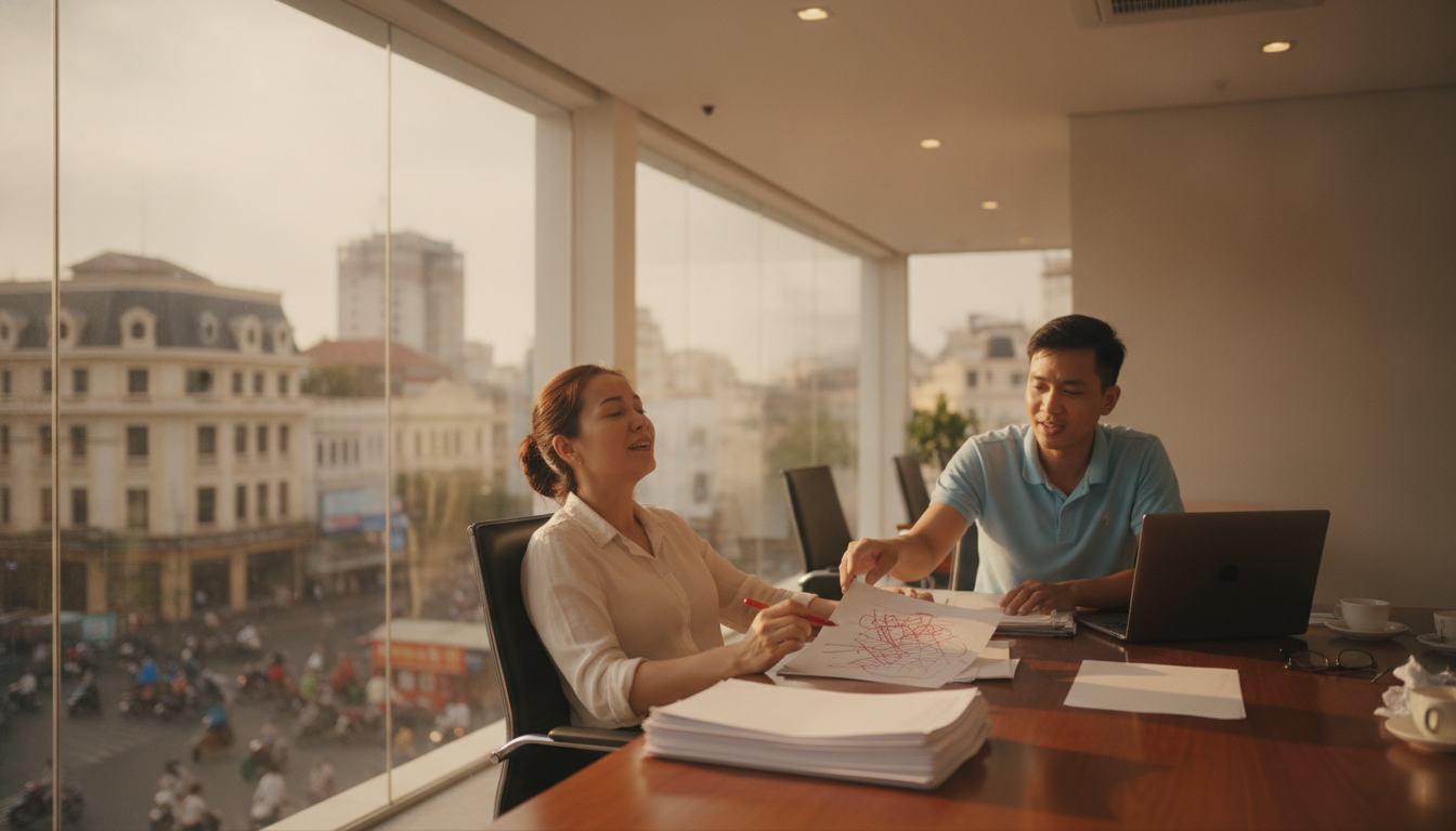A woman in a meeting room marking a printed draft in red pen, a thick stack of pages in front of her and a colleague reaching across the table