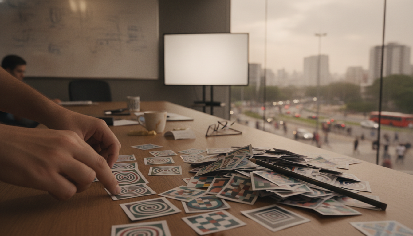 Hands sorting dozens of small printed design variations into a large discard pile and a small keep pile on a wooden desk