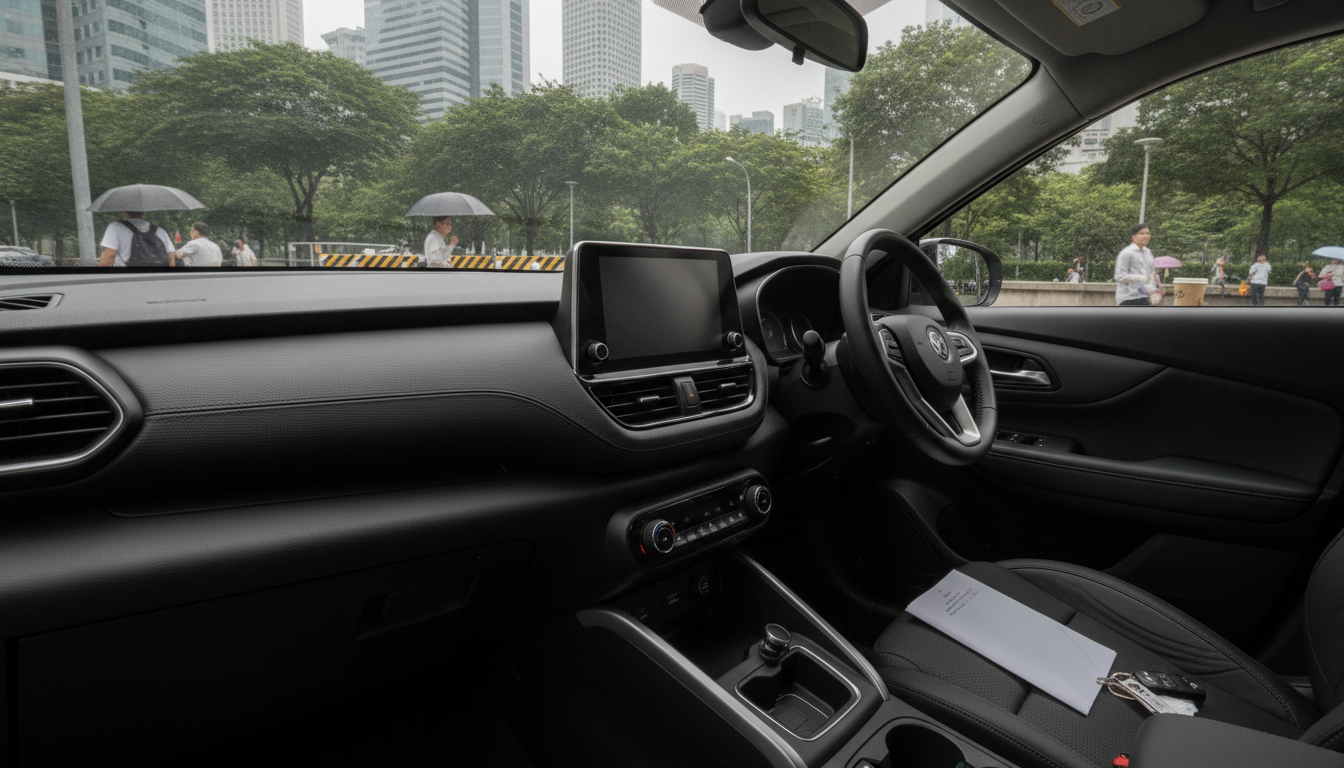 On-road price quotation sheet on the seat of a new compact SUV in an Indian showroom