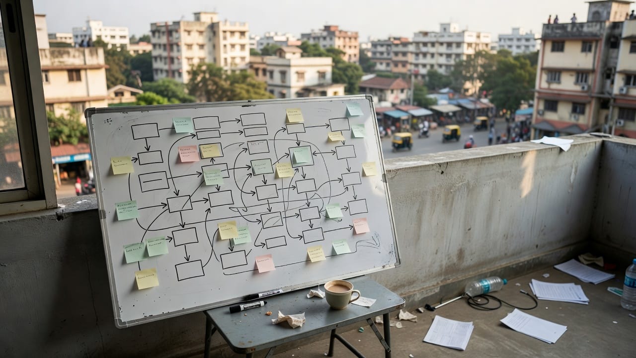 A whiteboard covered in a hand-drawn system architecture diagram with sticky notes, a cup of chai and markers on a small table beside it, city buildings behind