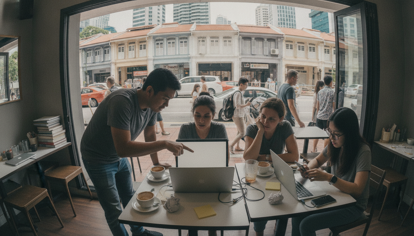 Two engineers at an office desk, one pointing at a laptop screen while they set up company email accounts, a colleague configuring a phone beside them