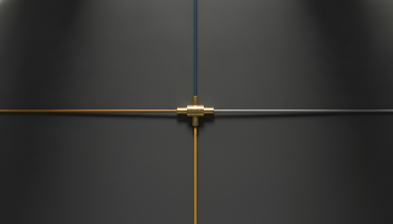 A brass three-port connector on a charcoal surface, with navy, amber and grey cables running out to the edges of the frame