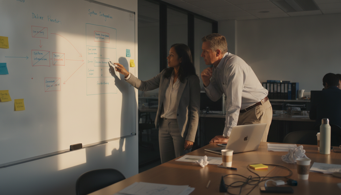 A delivery lead and a client stakeholder working through a system integration diagram at a whiteboard