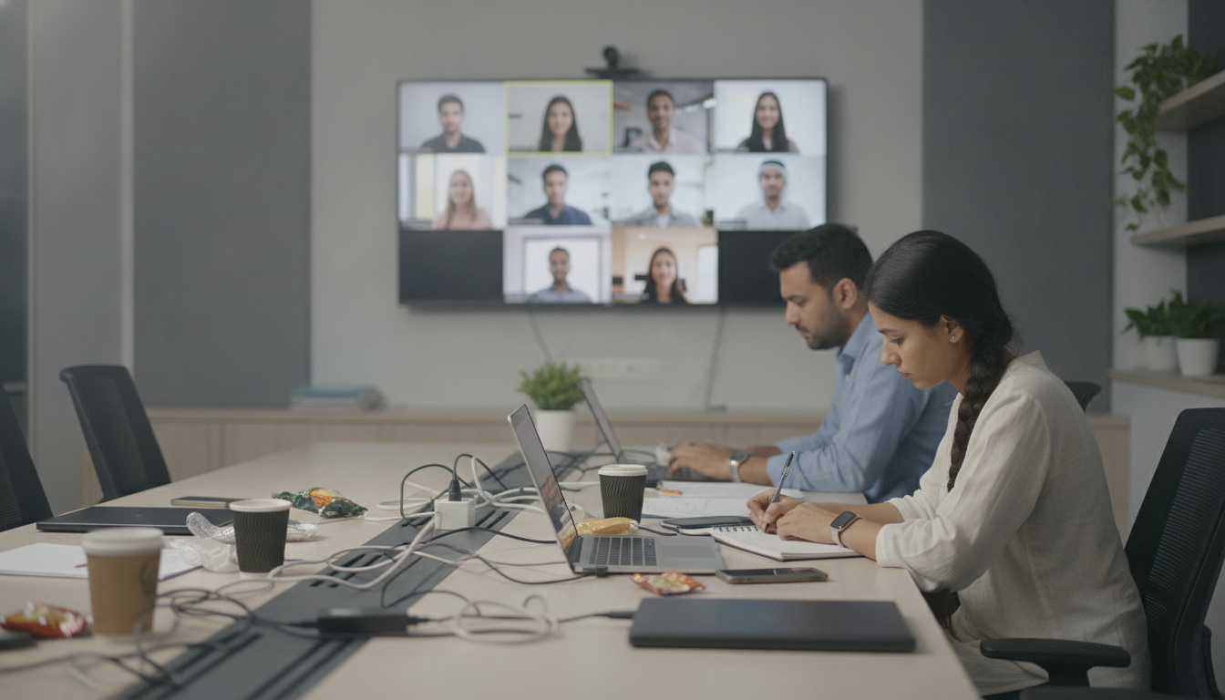 A leadership video call connecting IndiaNIC's Ahmedabad office with US and Gulf teams