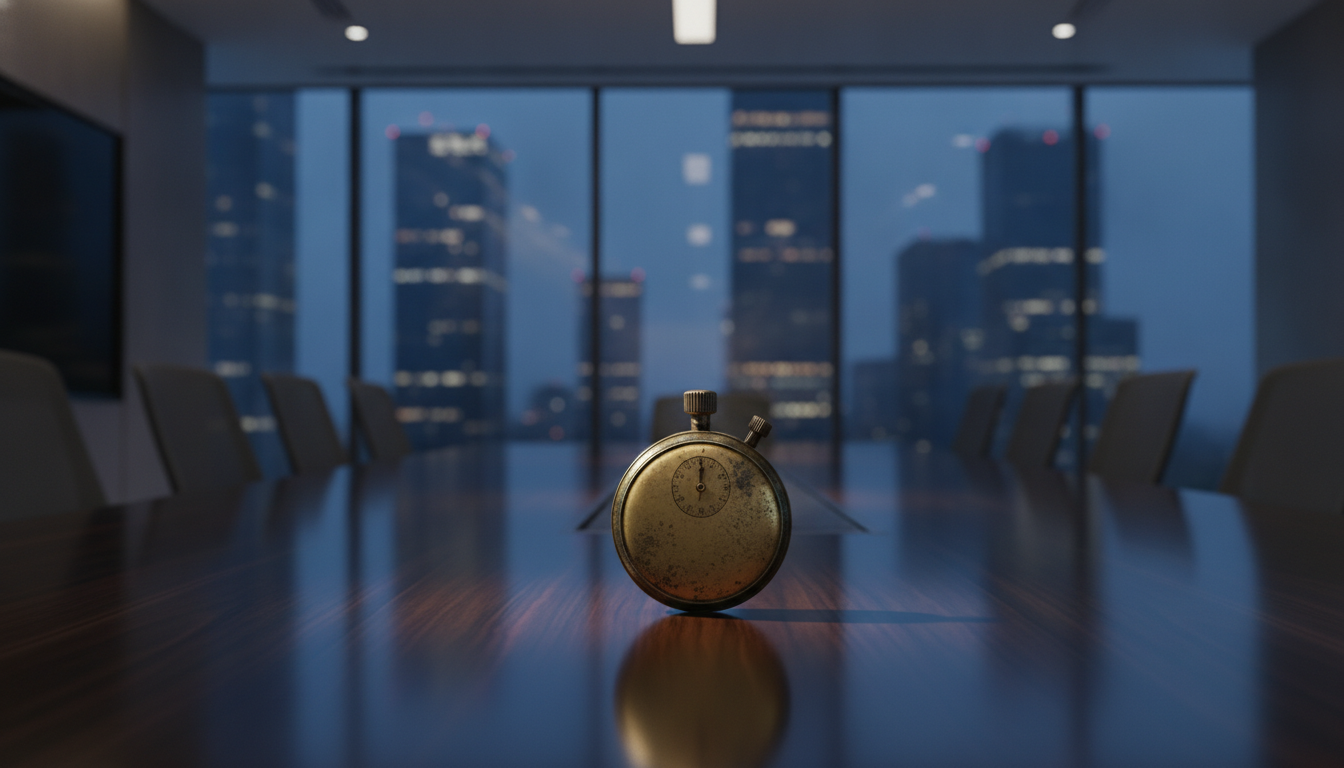 A worn brass stopwatch alone on a polished boardroom table at dusk, lit city towers behind the window