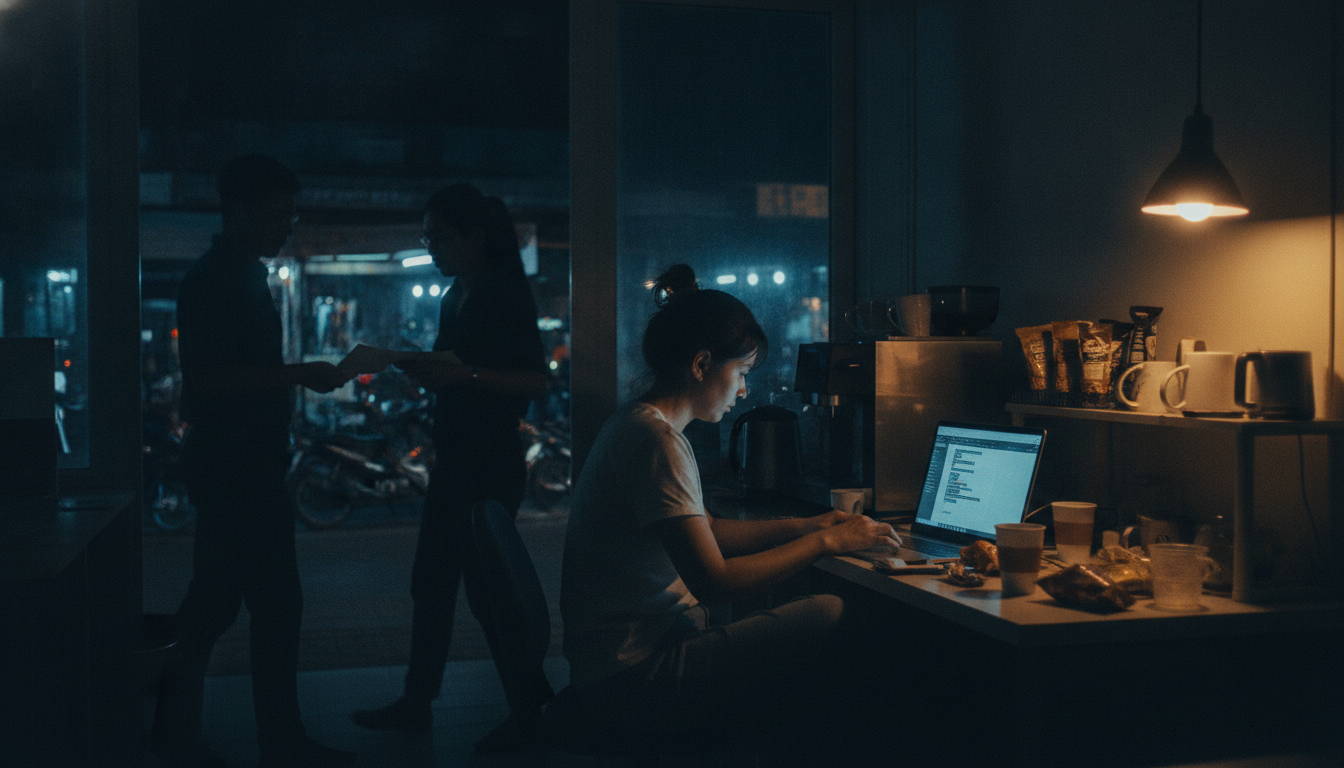 A tired non-technical founder staring at a laptop screen late at night, surrounded by empty coffee cups, after hours of prompting an AI app builder