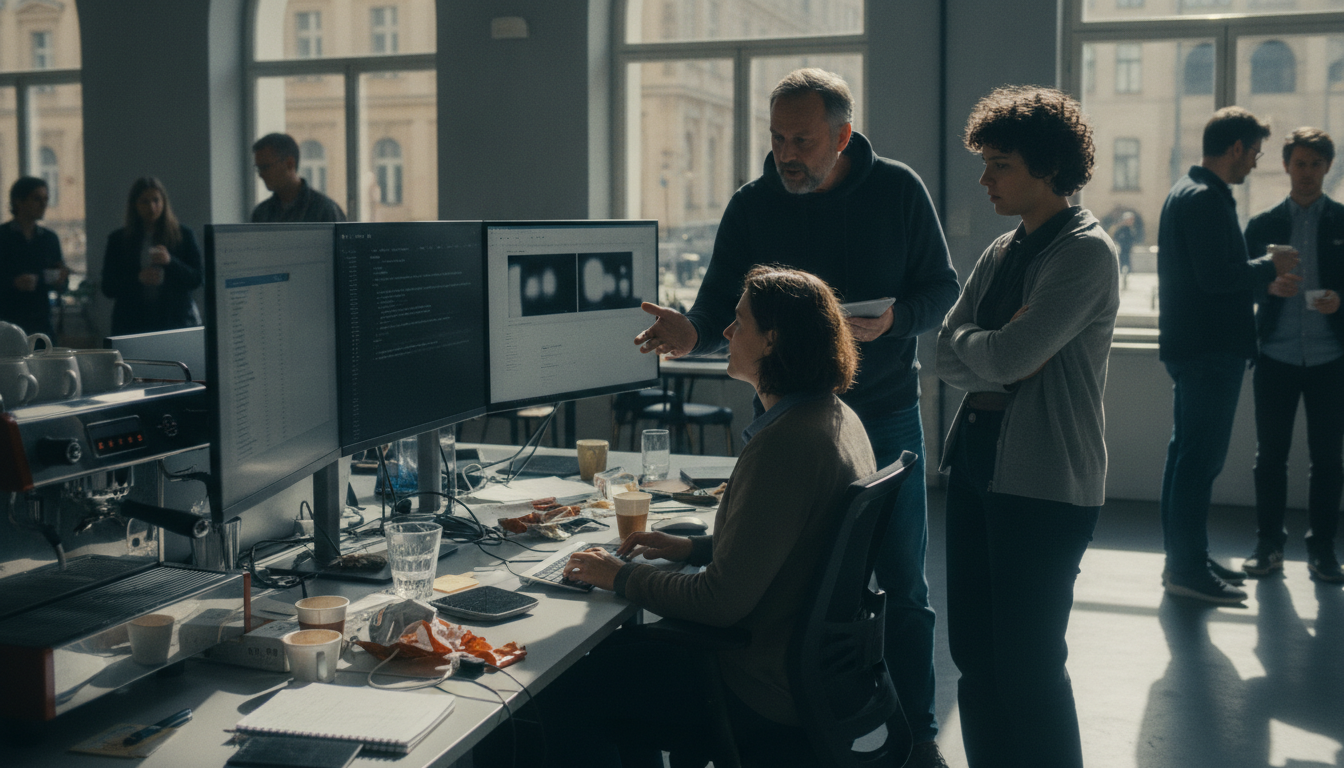 A developer at a multi-monitor desk reviewing a written specification document next to a Claude Code terminal and a Playwright visual test comparison