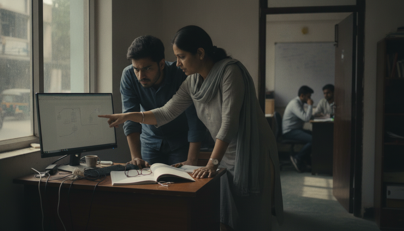 A founder and a senior engineer reviewing a database access-control screen together at a desk in a startup office