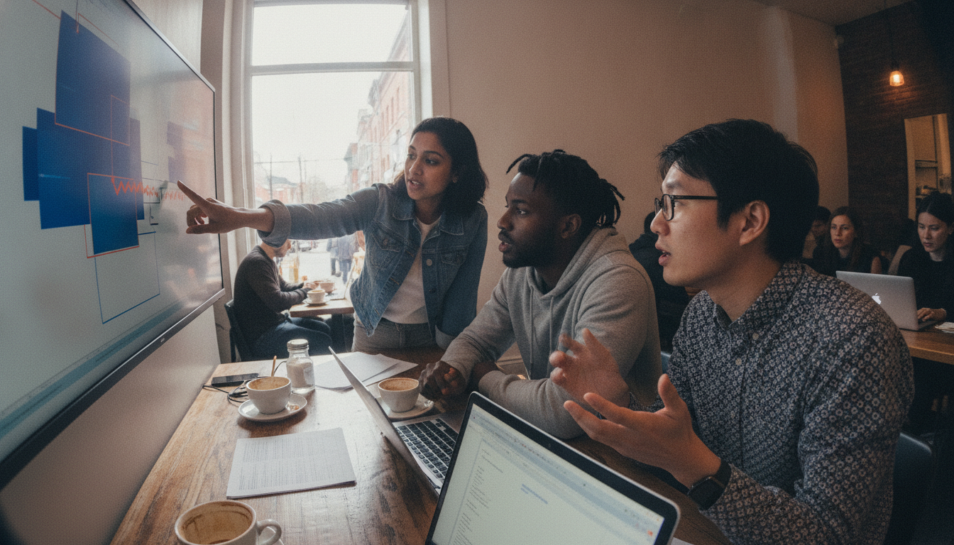 Three software agency engineers gathered around a monitor reviewing a system architecture diagram with a flagged security issue