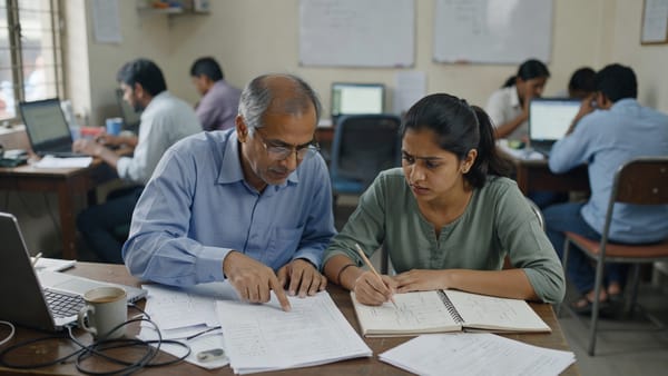 An older engineer in glasses points at a printed code listing while a young developer beside him sketches a system diagram in a notebook, in a busy Indian software office